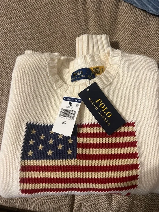Polo by Ralph Lauren Cream Crewneck Sweater with Red & Blue Flag - Picture 6 of 6